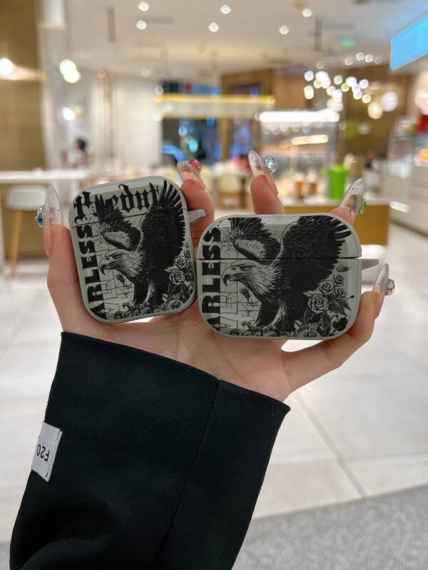 Wilde Tiere Amerikanischer Vintage Stil Linienzeichnung Rose und fliegender Adler, wildes Tier Thema graue Kopfhörertasche mit hautfreundlicher Umrandung, kompatibel mit Pro, Schutzhülle kompatibel mit 4 kabellose Bluetooth-Ohrhörer, kompatibel mit 2/3, stilvolles und personalisiertes Design