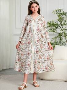 Tween Girls' Arabian Dubai Style Print Loose Long Dress/Robe - Multicolor - View 3