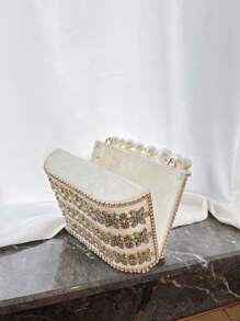 1pc Apricot Bucket Style Acrylic Handbag With Rhinestone Metal Hardware And Pearls, Suitable For Attending Evening Parties And Balls - Beige - View 6