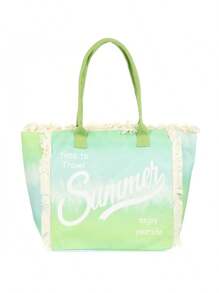 New Dopamine Contrast Color Canvas Bag, Large Capacity Lace Tassel Shoulder Tote Bag, Summer Beach Bag, Suitable For Daily Travel And Party Use