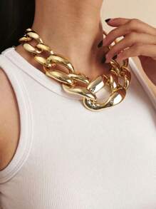 1pc Fashionable Exaggerated Single-Layer Metallic Buckle Necklace, Punk Geometric Thick Chain Choker