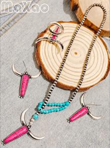 طقم مجوهرات مكون من قلادة وخاتم وأقراط بتصميم غربي عتيق مخصص للنساء، متعدد الألوان لتناسب أي إطلالة