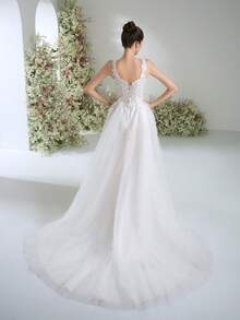 Lindos vestidos de festa de casamento barrocos com apliques de renda quadrada e decote quadrado, elegantes vestidos formais de noite, vestidos de noiva brancos em linha A para noiva com cauda