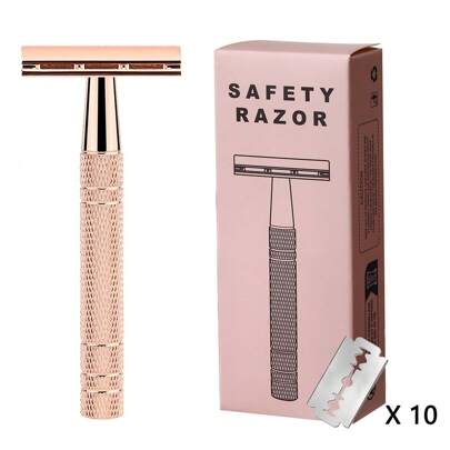 Rose Gold Double-Edge Razor With 10 Blades, Unisex, And Reusable For Home And Travel.