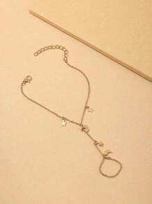 1pc Girls Star & Moon Beaded Finger Hand Chain Bracelet & Ring Set - Gold - View 4