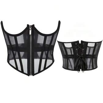 1 件女式修身腰拉链网眼塑身短款上衣，轻盈透气内衣，用于胸部支撑和塑形女式束身衣腰带，腰部训练器，腰部塑形，用于腰部瘦身和收腹控制万圣节服装