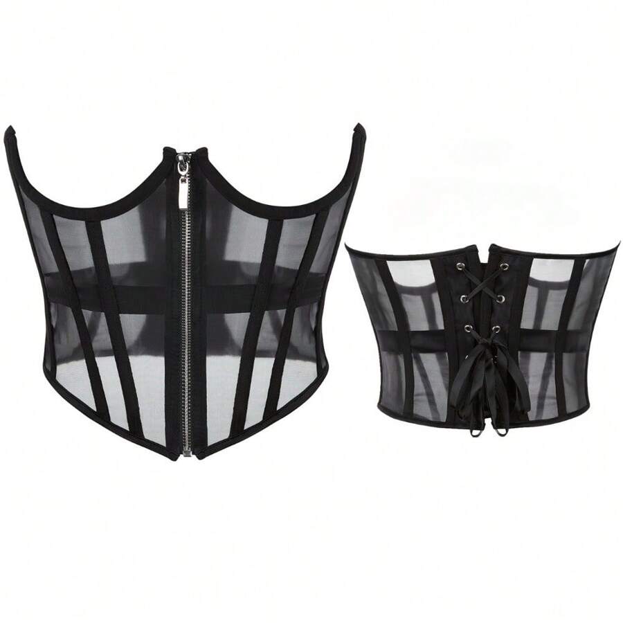 1 件女式修身腰拉链网眼塑身短款上衣，轻盈透气内衣，用于胸部支撑和塑形女式束身衣腰带，腰部训练器，腰部塑形，用于腰部瘦身和收腹控制万圣节服装