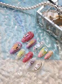 Get Romantic With 10pcs Almond Handmade Summer Beach Coral Pink Miss Mermaid Boho Princess Fake Nail Set Vanity Colorful Star Gradient Yellow 3d Three-Dimensional Decoration Mermaid Pearl Y2K European Style Full Cover Acrylic Press On Nails Kit For Women And Girls With 1pc Mini Nail File & 1 Sheet Adhesive Tabs