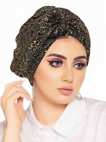 1pc European & American Style Women's Sequin Pleated Twist Headscarf Hat, Head Wrap Turban Hat With Metal Button For Dress - A - View 15