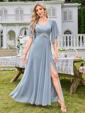 雪纺简约性感V领派对婚纱、礼服、正式礼服、晚礼服、婚礼宾客礼服