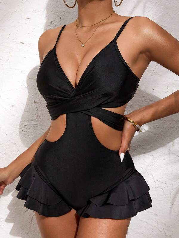 2025 New Solid Color Ruffle Trim One-Piece Swimsuit, Casual Leisure, Summer Beach Vacation