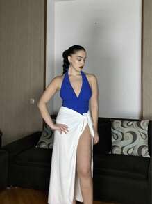 1pc Women's Solid Color Sexy Beach Cover Up Pareo Skirt For Holiday, Swimming, Party, Shaping