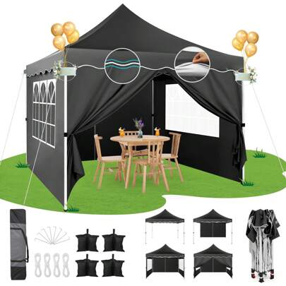 CAROMA Cenador plegable impermeable de 3 x 3 pulgadas con 4 paredes laterales, fácil instalación, cenador portátil para jardín al aire libre con 4 sacos de para fiestas, festivales y mercados, color negro.