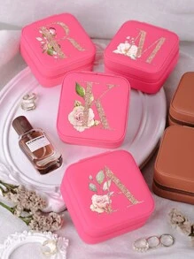 1pc Caixa de joias rosa com flores rosas, caixa de joias de viagem da moda com letras de ouro rosa, caixa de joias de viagem de presente personalizada, presentes de aniversário para mulheres, presentes de Natal para meninas adolescentes, iniciais, caixa de joias de viagem A-Z