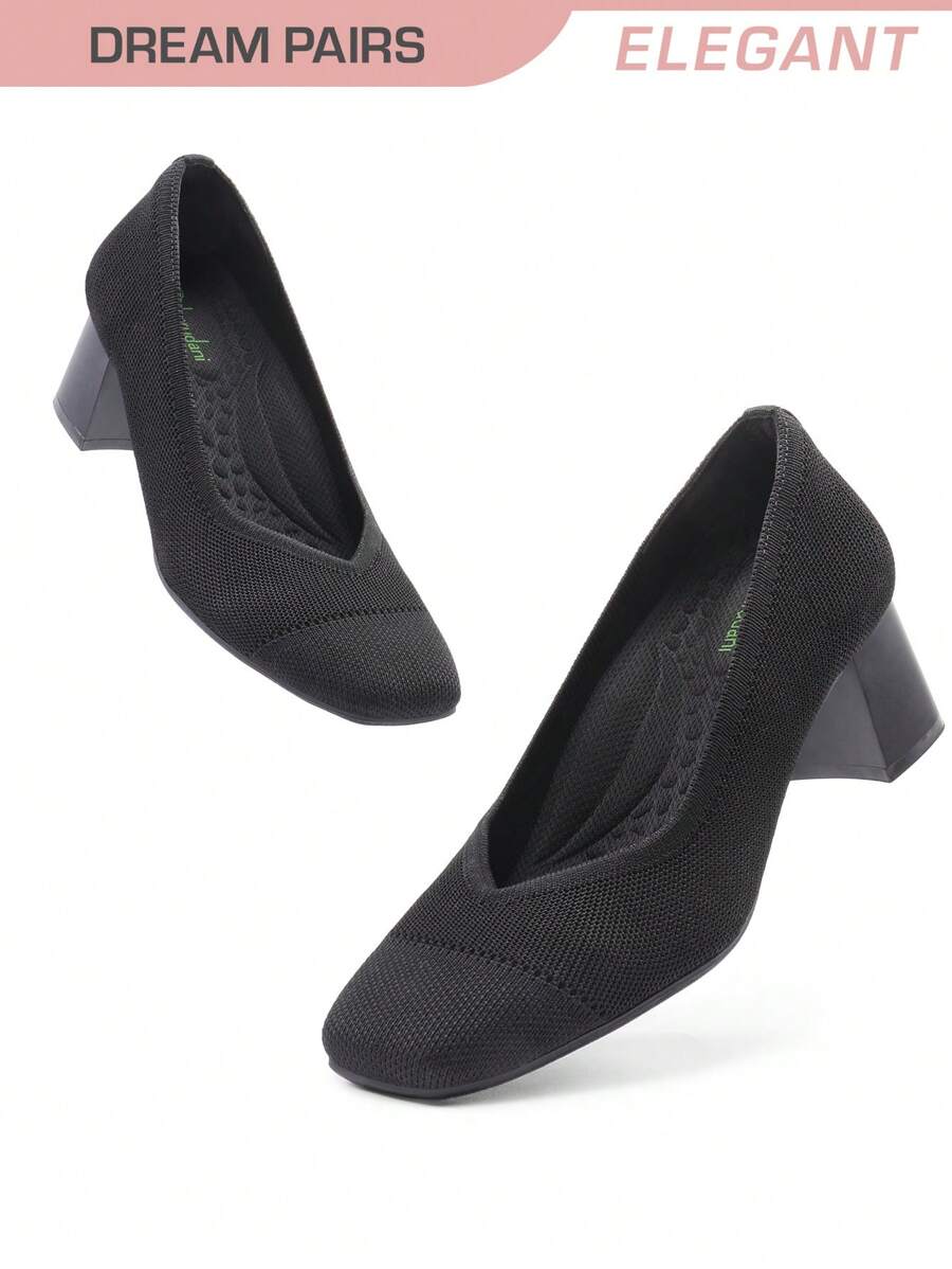 Women's Chunky Low Block Heels Square Toe Work Pumps Comfortable Knitted Closed Toe Dress Wedding Shoes - màu đen - Xem 1