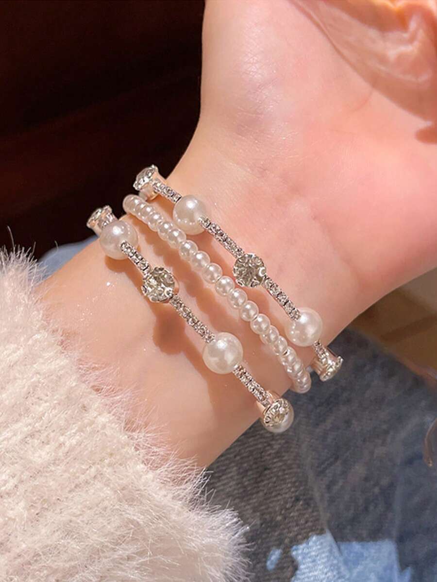 1pc Silver Crystal & Pearl Bracelet, Suitable For Wedding, Ball, Daily Wear