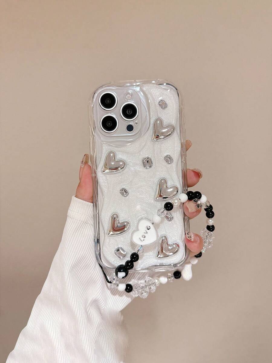 Transparent Fluid Silicone Wavy Pattern Milky White Electroplated Diamond Heart Anti-Drop Phone Protective Case Compatible With IPhone - Multicolor - View 1