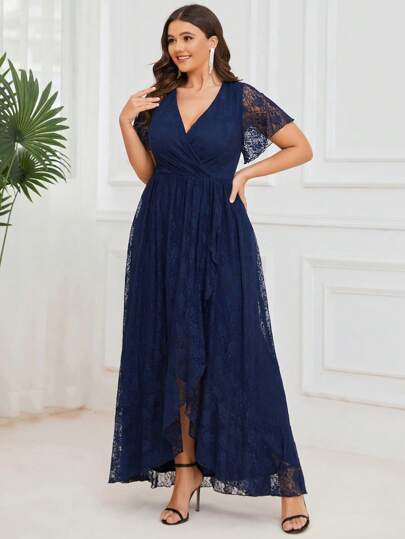 Plus Size V Neck Short Sleeves Pleated High Low Mother Of Bride Lace Dresses