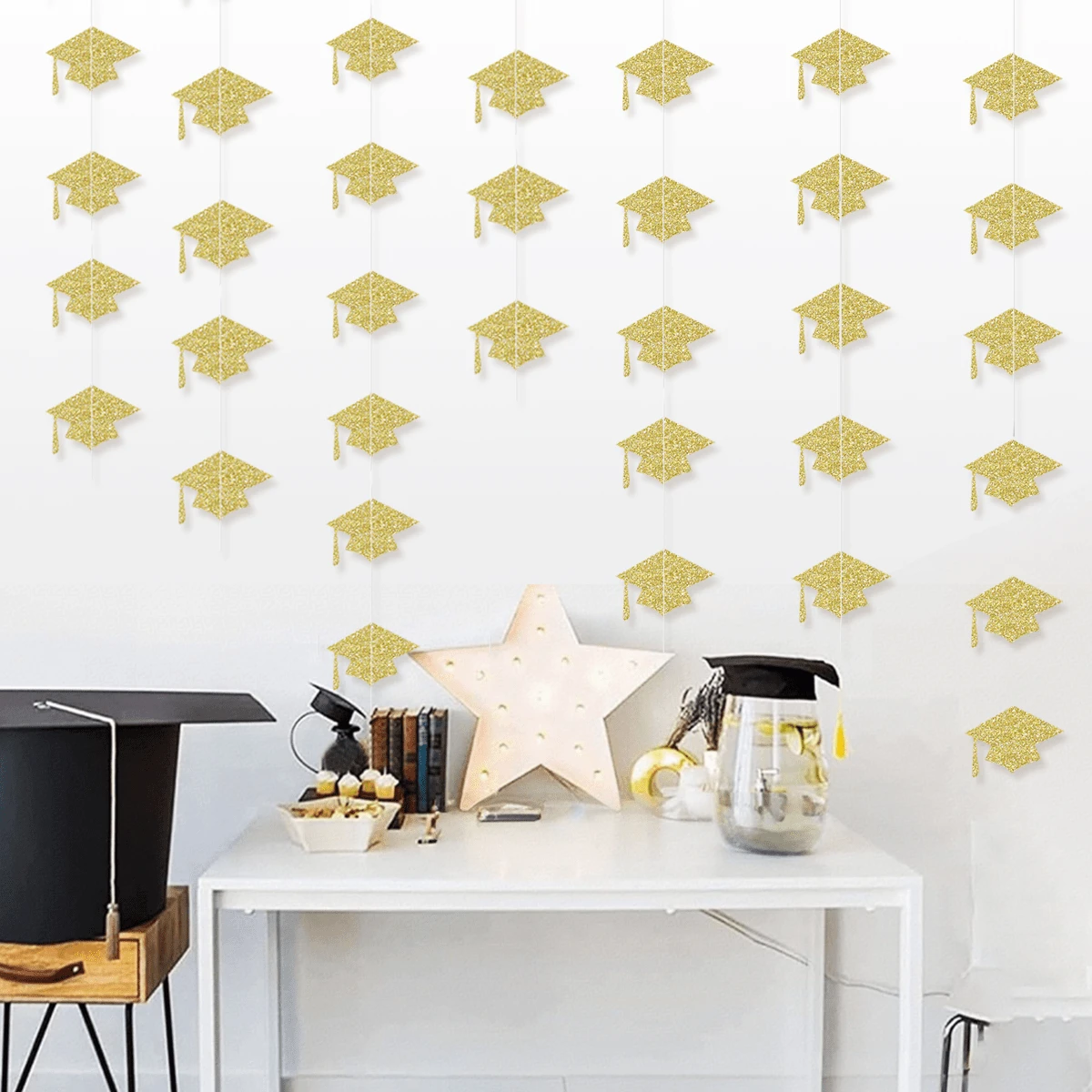 12pcs Graduation Party Hanging Decor, Glitter Black And Gold Graduation Cap, Suitable For Graduation Season Student Party Background Decor, Graduation Ceremony Decoration