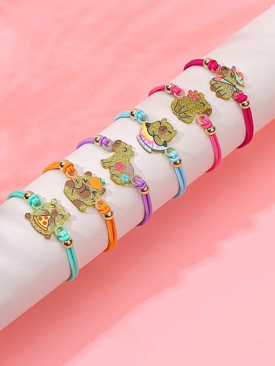 6pcs/Set Girls Cartoon Cute Capybara Cat Elastic Bracelets - Multicolor - View 1