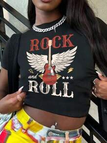 Festiwal Muzyki Rockowej, Sens Życia To Rock. Czarny Top Midriff, Gorąca Dziewczyna, Gitara Elektryczna, Wzór Gitary Elektrycznej, Odpowiedni Na Imprezę, Imprezę Muzyczną, Spotkanie, Piknik, Kemping, Odpowiednie Dla Wszystkich Wiek