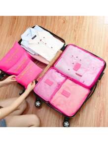 6pcs Waterproof Luggage Packing Cubes Set, Colorful Floral/Letter Print Oxford Cloth Travel Storage Bags, Portable Zipper Suitcase Organizers For College Dorm, Minimalist Style (Print Patterns Randomly) - Hot Pink - View 1