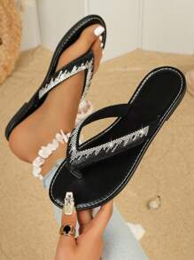 Sandálias femininas elegantes com tiras em T de cristal, chinelos leves e minimalistas, sandálias rasteiras com strass, sandálias de tiras elegantes e abertas