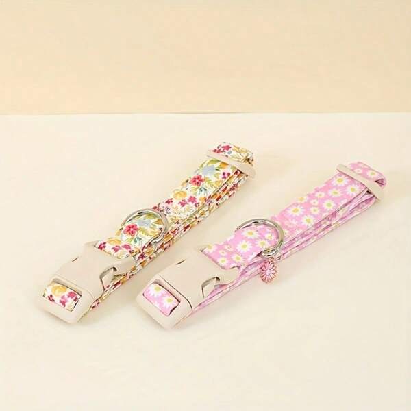 Pink Daisy And Colorful Yellow Flower Theme Dog Collar Puppy Keeper Soft, Durable, Comfortable With Adjustable Buckle For Indoor/Outdoor Use Pet Dog Supplies