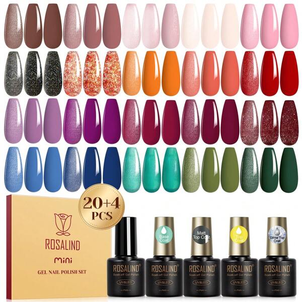 ROSALIND 24PCS Gel Polish Set 20 Colors All Seasons Gel Nail Polish With Glitter&Glossy&Matte Gel Top Coat Base Coat Pink Red Gold Glitter Gift For Women