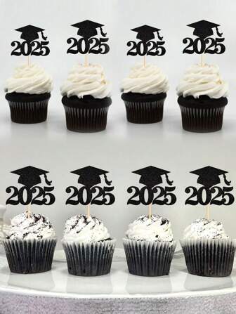 24/12 件/6 件黑色闪光“2025 届”纸杯蛋糕装饰，毕业派对装饰品，蛋糕装饰用品