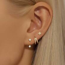 3 pièces Ensemble de boucles d'oreilles créoles en acier inoxydable pour femmes, plaqué or 18 carats, boucles d'oreilles rondes Huggie avec zirconium en forme d'étoile, bijoux de mariage