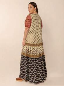 2025 Spring And Summer Multicolor Casual Elegant Floral Print V-Neck Short Sleeve Loose Plus Size Dress Beach Vacation Music Festival - Orange - View 2