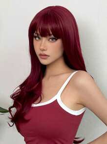 Long Curly Red Wig With Bangs - Elegant Style, Women'S Rose Net Cap, High Temperature Fiber Hair Material For Daily Party Cosplay Color Wig - Red - View 4
