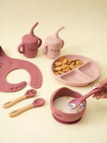 1pc/2PCS/8PCS Children Custom Silicone Tableware Set Personalized Customization Name And Pattern Kids Dinner Set Portable Utensils Adjustable Bib Sucker Bowl Plate Sippy Cup Print On Demand Toddler Meal Tray,Halloween Edit,Back To School Fashion,Christmas Gift