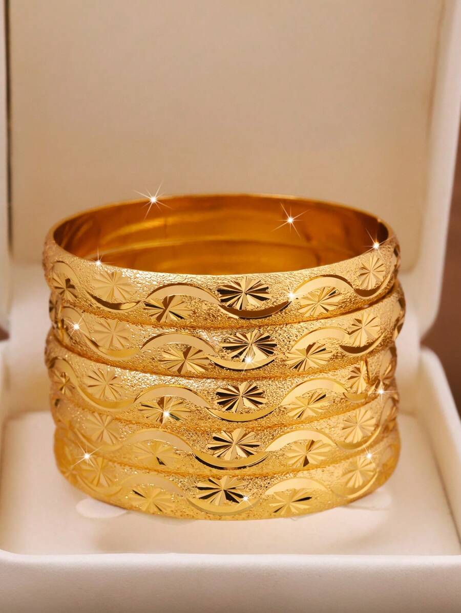 1/3/6 Pcs Sandy-Gold Exquisite Hand-Carved Stars And Waves Beautifully Plated 24k Gold 10mm Wide Bracelet Suitable For Women, Excluding Box - Gold - View 1