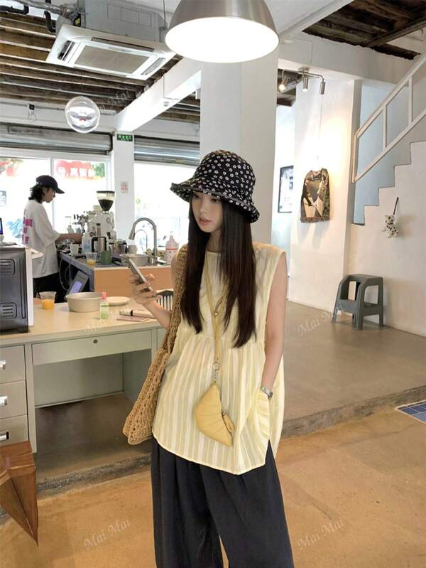Korean Minimalist Casual Striped Design Sleeveless Backless Crop Top