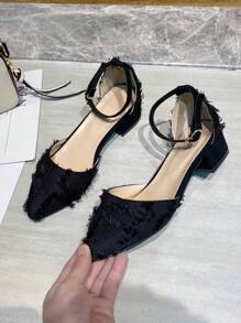 Pointed Toe Solid Color High Heel Girl's Sandals With Thick Heels, Buckle Strap, Mid Heel, Versatile Mary Jane Shoes For Spring/Summer - Black - View 3