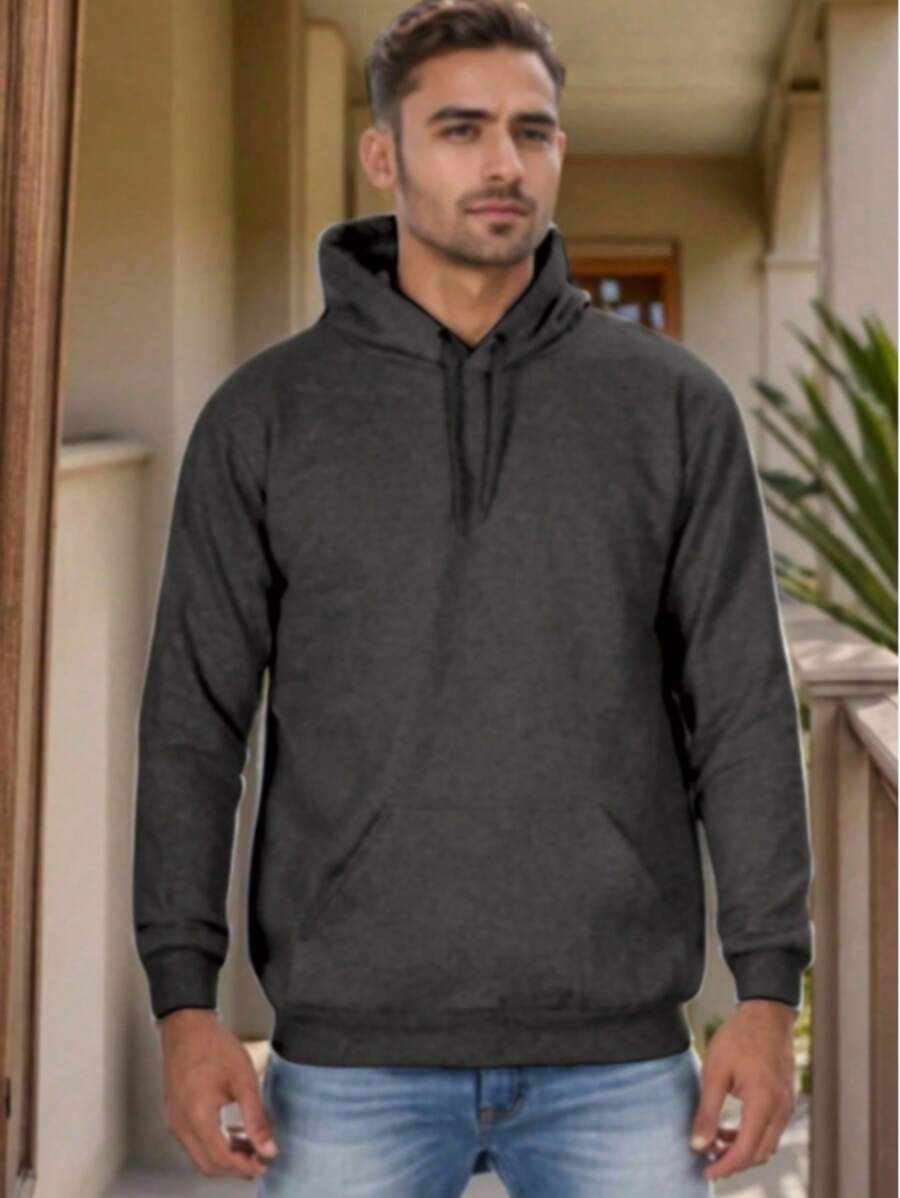 Men's Sweatshirts Plain Flannel Kangaroo Top Cold Hooded - Dark Grey - View 1