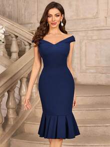 MIUSOL 复古纯色 V 领蝴蝶结美人鱼下摆鸡尾酒会修身连衣裙、婚礼宾客连衣裙 - 藏蓝色 - 查看 4