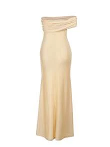 Slim-Fit Satin Off-Shoulder Split Hem Formal Dress, Party Dress, For Cocktail - Gold - View 6