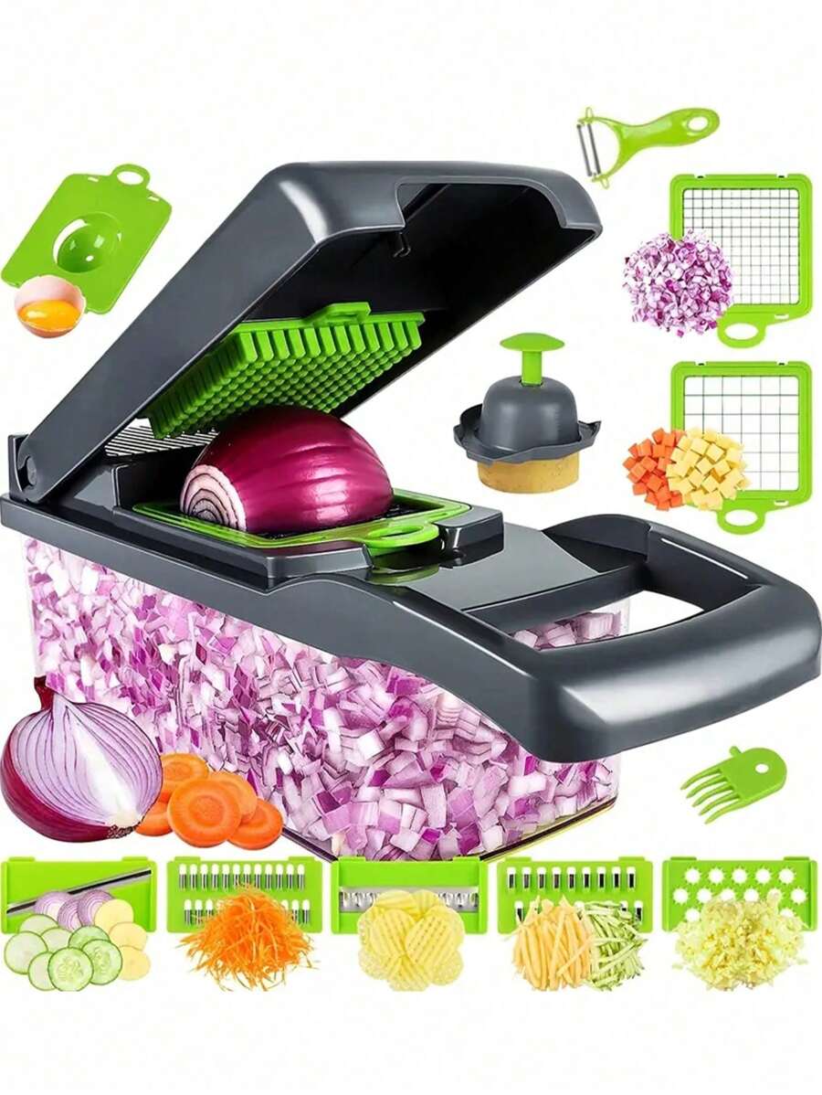 16pcs Complete Slicer Set, Multi-Functional Kitchen Vegetable Chopper For Making Salad, Includes Handle Food Grater, Vegetable Slicer, Container Knife, Onion Chopper With Interchangeable Blades, Home Party Holiday Kitchen Tool