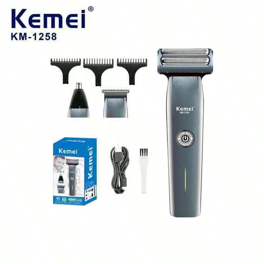 Kemei KM-1258 Professional Hair Clipper Nose Hair Trimmer Shaver 3in1 Full Set Electric Shaving Machine For Men Double Blade Net Beard Trimmer Body Hair Remover USB Rechargeable 1PC