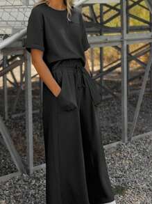 Women's 2 Piece Outfits Sweatsuit Casual Short Sleeve Pullover Tops And Drawstring Wide Leg Pants Lounge Sets