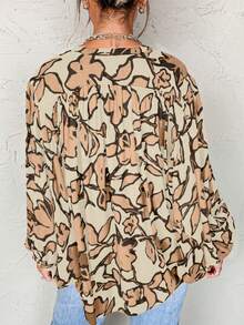 Acelitt Khaki Floral Print Batwing Sleeve Button Up Loose Blouse - Khaki - View 2