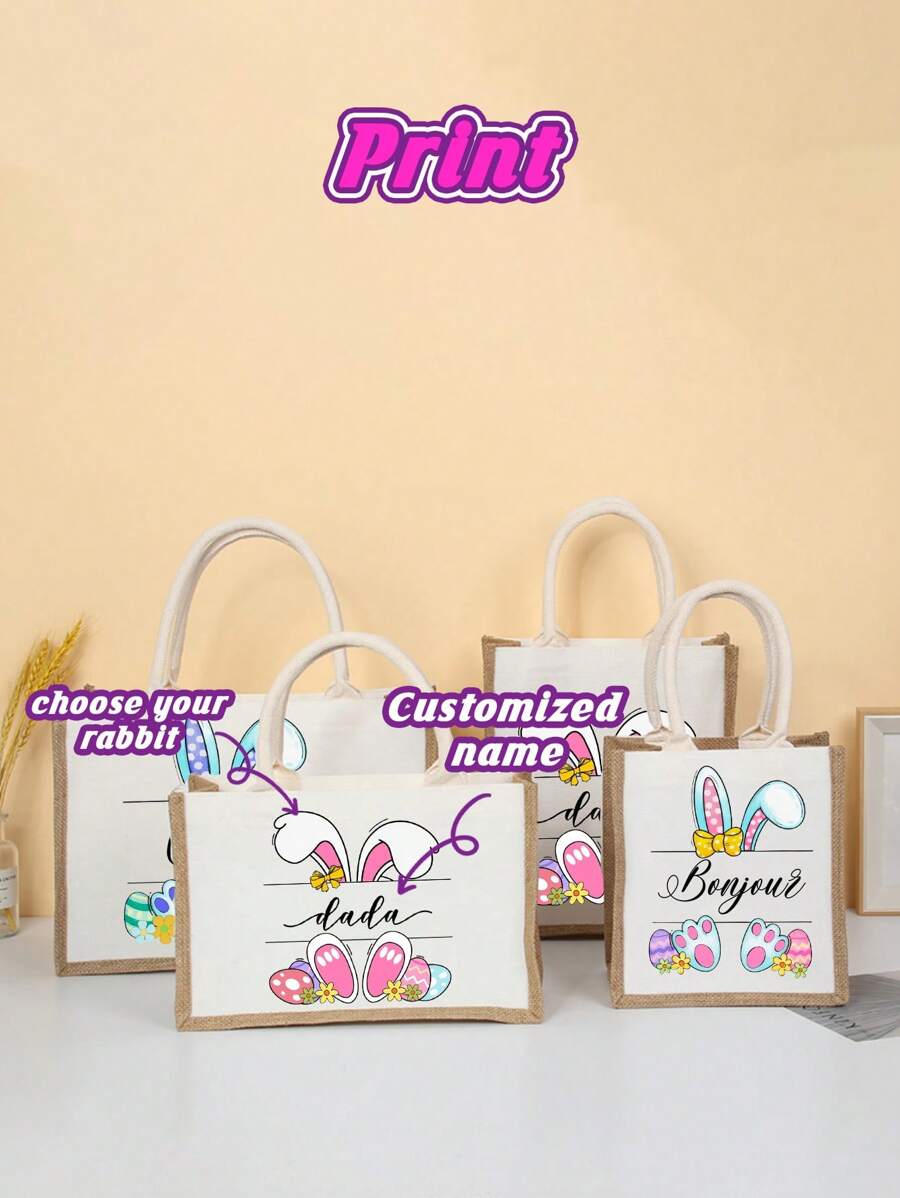 1pc Customized Name Canvas Bag, Easter Bunny Gift Bag, Easter Egg Storage Bag, Fashion Versatile Linen Bag For Beach Holiday, Wedding Party Favor Bag, Large Capacity Shoulder Tote Bag For Work And Daily Use, Suitable As Gift For Family, Friends, Christmas, Easter, Spring Festival, Mother's Day, Women's Day, Valentine's Day, Teacher's Day, Nurse's Day, Birthday - Multicolor - View 1