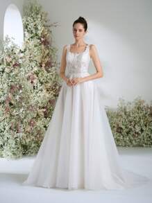 Lindos vestidos de festa de casamento barrocos com apliques de renda quadrada e decote quadrado, elegantes vestidos formais de noite, vestidos de noiva brancos em linha A para noiva com cauda