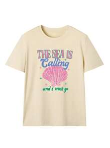 Camiseta de mujer de manga corta con cuello redondo, estampado de letra en concha rosa, ideal para uso diario y casual en primavera y verano. Prenda esencial para el atuendo de playa y vacaciones. Camiseta estampada de mujer.