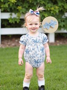 Baby Girl Bow Print Romper Ruffle Sleeve Bodysuit With Bow Headband Cute Summer Clothes 2Pcs Set - Blue - View 7