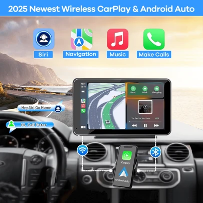 REMAX 7-tums bil multimedia videospelare Trådlös Carplay och trådlös Android Auto Bärbar Universal Car Monitor Witch Camera, Carplay Fiat 500, Plug And Play Carplay, Stable Classic Choice