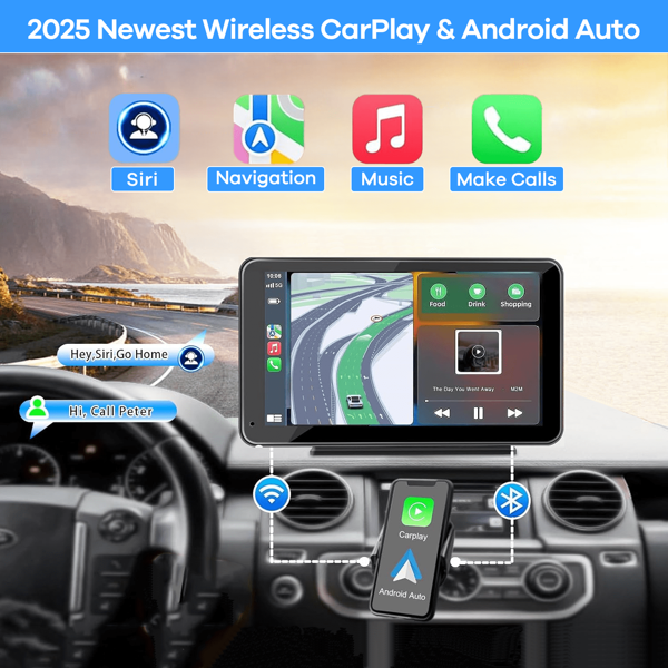 REMAX 7-Inch Car Multimedia Video Player Wireless Carplay And Wireless Android Auto Portable Universal Car Monitor Witch Camera, Carplay Fiat 500, Plug And Play Carplay, Stable Classic Choice